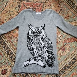 Woodland Owl Intarsia Knit Gray Sweater Cozy Fun S